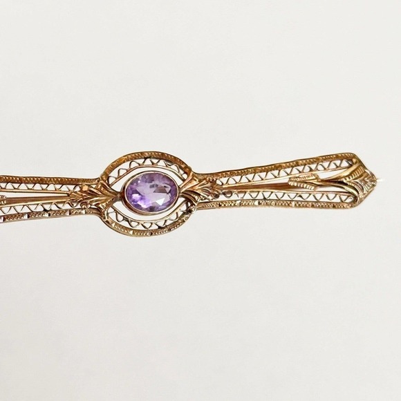 Antique 14K Solid Yellow Gold Intricate Design Detailed Amethyst Bar Brooch Pin - Picture 6 of 11